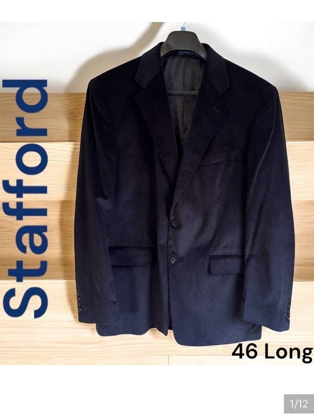 Stafford-46L men’s corduroy sport jacket. Black, 2 button. New w/o tags.  Sharp!